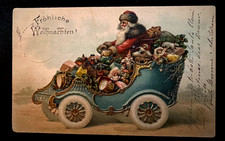 Rare~ SANTA CLAUS in Old Fancy Car full of Toys~Antique~Christmas Postcard~s933 picture