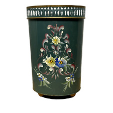 VTG DK Green Metal TOLE-LIKE Floral Print Wastebasket Garbage Can Footed Pierced picture