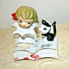 Vig. Rare Girl ANGEL Singing to Skunk Figurine Porcelain Glazed Gilded 3