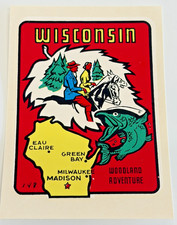 Vtg Wisconsin souvenir decal Window Muskie Fish Hunt Woodland Adventure c1950s picture