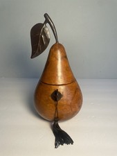 Vintage Wooden Pear Trinket Box Or Tea Caddy W/Metal Leaf & Stem 8.25” picture