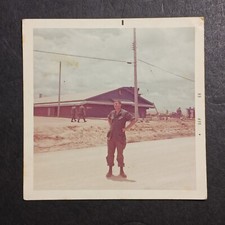 Vintage 1968 Vietnam War Original Snapshot Photo - Soldier Outside Mess Hall picture
