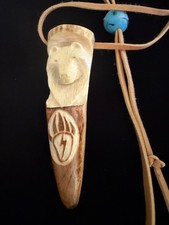Carved Bear Antler Pendant -Raw Hide Necklace with hand blown glass bead picture