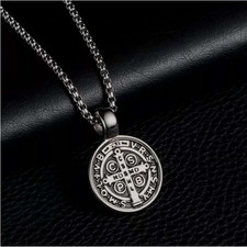 Saint St Benedict Medal Necklace Pendant Stainless Steel Crucifix Cross Exorcism picture
