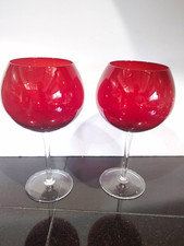 Set of 2 Stemmed Wine Glasses, Red Bowl, Clear Stem, Solid Color Glass picture