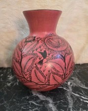 Mexican Folk Art Pottery Vase Hand Painted Red Black Birds Floral 9.75