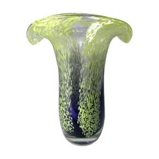 Vintage Teleflora Art Glass Flare Lip Green Cobalt Blue Speckled Vase picture