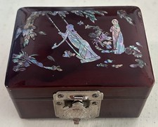 Korean Vintage Mother of Pearl Woman On Swing Inlay Jewelry Box Turtle Closure picture