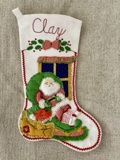VTG Beaded Sequined Felt Christmas Stocking Puffed Santa Handmade picture