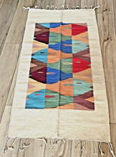VTG Mexico Zapotec Oaxacan Fringed Woven Wool Pisces Fish Rug Tapestry 20x40Boho picture