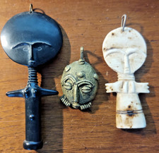 3 pc Lot Vtg African Pendants 2 Akuaba Doll Ashanti Fertility / 1 Brass Mask picture