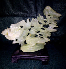 60's Chinese Hand Carved Pale Green Jade 3 Birds Peony Tree Statue Figurine 6.8