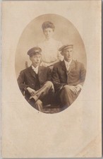 Vintage 1910s Studio Real Photo RPPC Postcard 2 Men & 1 Woman - 1910s Fashion picture
