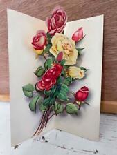 VINTAGE FRENCH GREETING CARD*DIE CUT*POP UP ROSES*1960's*ARTIST INITIALS SH/HS picture