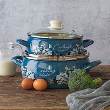 Cooking Delight Vintage Enamel Stockpot with Glass Lid, Blue Cook Pot picture