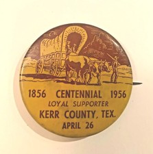 VINTAGE 1956 KERR COUNTY, TEX CENTENNIAL 1856 - 1956 PIN Yellow/Brown picture