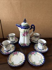 Cherry Blossom W/Cobalt Blue Chocolate Pot Pitcher W/Cups&Saucers-Nippon ANTQ picture