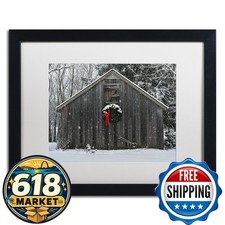 Trademark Fine Art Christmas Barn in the Snow White Matted Black Frame 16x20 picture