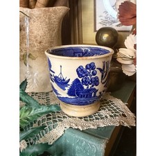 Antique Blue Willow Transferware Tea Cup Handleless Cobalt Chinoiserie Vessel picture