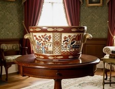 Large Vintage Chinese Gilded Oval Footbath Jardinière Planter C-1980 18”D 9Lbs picture