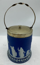 Wedgwood Blue Jasperware Biscuit Barrel Canister Brass Lid Handle Neoclassical picture