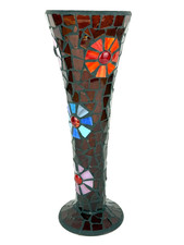 Pier 1 Imports Mosaic Glass Trumpet Vase Floral Boho Gypsy Decorative 11.75” picture