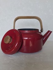 Vintage Cherry Red Enamelware Tea Kettle W/ Wooden Handle And Lid Knob 6×9×9 picture