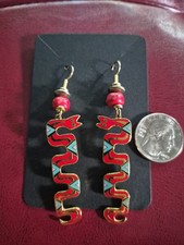 Vintage Laurel Burch Serpent Spirit Gold Tone Enamel Snake Earrings & Red Beads picture