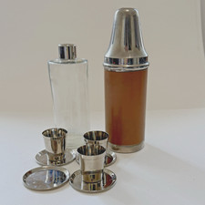 VTG 1940s Noymer German Travel Bar Set Chrome Leather Flask 3 Cups 4 Saucers picture