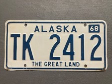 VINTAGE 1968 ALASKA LICENSE PLATE WHITE /BLUE THE GREAT LAND TK-2412 picture