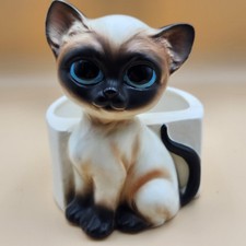 Lefton Vintage Siamese Cat Planter Big Head Blue Eyes Ceramic Japan MCM H6974 picture
