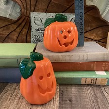 Vintage Ceramic Halloween Jack-o’-lantern Pumpkin Tealight Set Of 2 picture