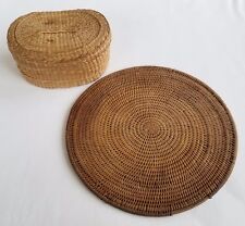 Vintage 2 pc. Pacific Northwest Woven Small Covered Basket and Plate/Tray/Mat picture