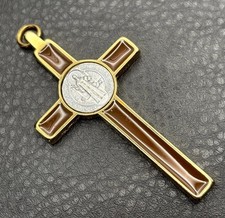 VTG HUGE Saint Benedict Medallion Crucifix Cross Pendant Gold Tone Brown Enamel picture