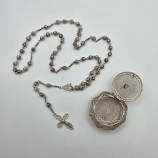 Vintage 800 Silver Small/Child's Filigree Rosary Necklace w/ Storage Case/Box picture