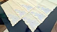 Vintage NAPKINS MADEIRA LARGE  Blue Rose HAND EMBROIDERED Ivory Linen picture