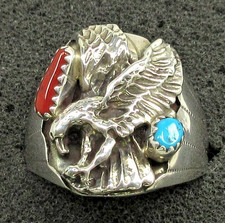 Native American Navajo Sterling Silver Turquoise Eagle Ring Size 11 Signed G 173 picture