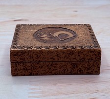 Vintage Pyrography Trinket Box Carved Wood Art Deco Burnt Wood Hinged Box picture