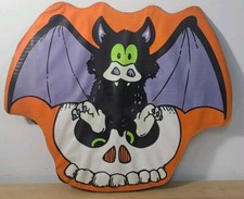 Vtg Bat & Skull Vinyl Over Cardboard Halloween Yard Sign Decor picture