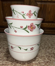 3-Pc Ceramic Nesting Bowl Set, Hand Painted White/Pink/Green Floral, Round, 9 in picture