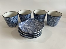 4 Vtg Japan Teavana Fine Porcelain Tea Cups & Saucers Blue & White Flowers Rare picture