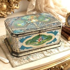 Vintage Artstyle Chocolates Tin Lithograph Box Fragonard Style Teal Gold 9.5in picture