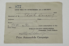 1915 Wells County Free Press Fessenden ND Prize Automobile Campaign Receipt picture