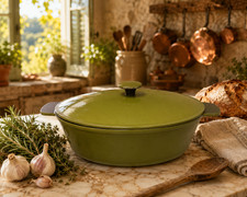 Vintage French Enameled Cast Iron Oval Dutch Oven Cocotte Olive Green France picture