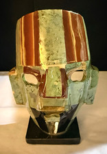 Vintage Mexican Glazed Ceramic Mask - Aztec Mayan Style Pottery Sculpture 6.5” picture