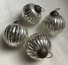 Restoration Hardware Silver Mercury Glass Christmas Ornaments Ribbed Lot of 4 9” picture
