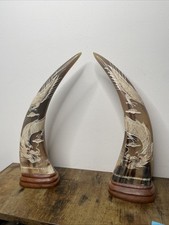 Vintage Carved Horn Dragon Sculptures Pair Asian Folk Art 13” Tall picture