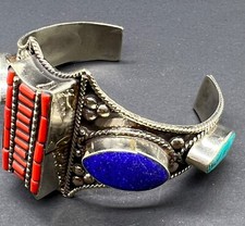 Beautiful Vintage Real Stones Coral & Lapis Tibetan Nepalese Mixed Slivered Bang picture