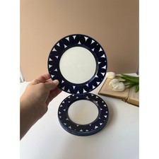 Vintage Arabia Sotka Ceramic Salad Dessert Plates | Set of 5 | Blue Navy Trim picture