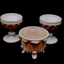 Jeannette Shell Pink Milk Glass Thumbprint 2 Sundae Cups  Berry Bowl Lot MCM picture